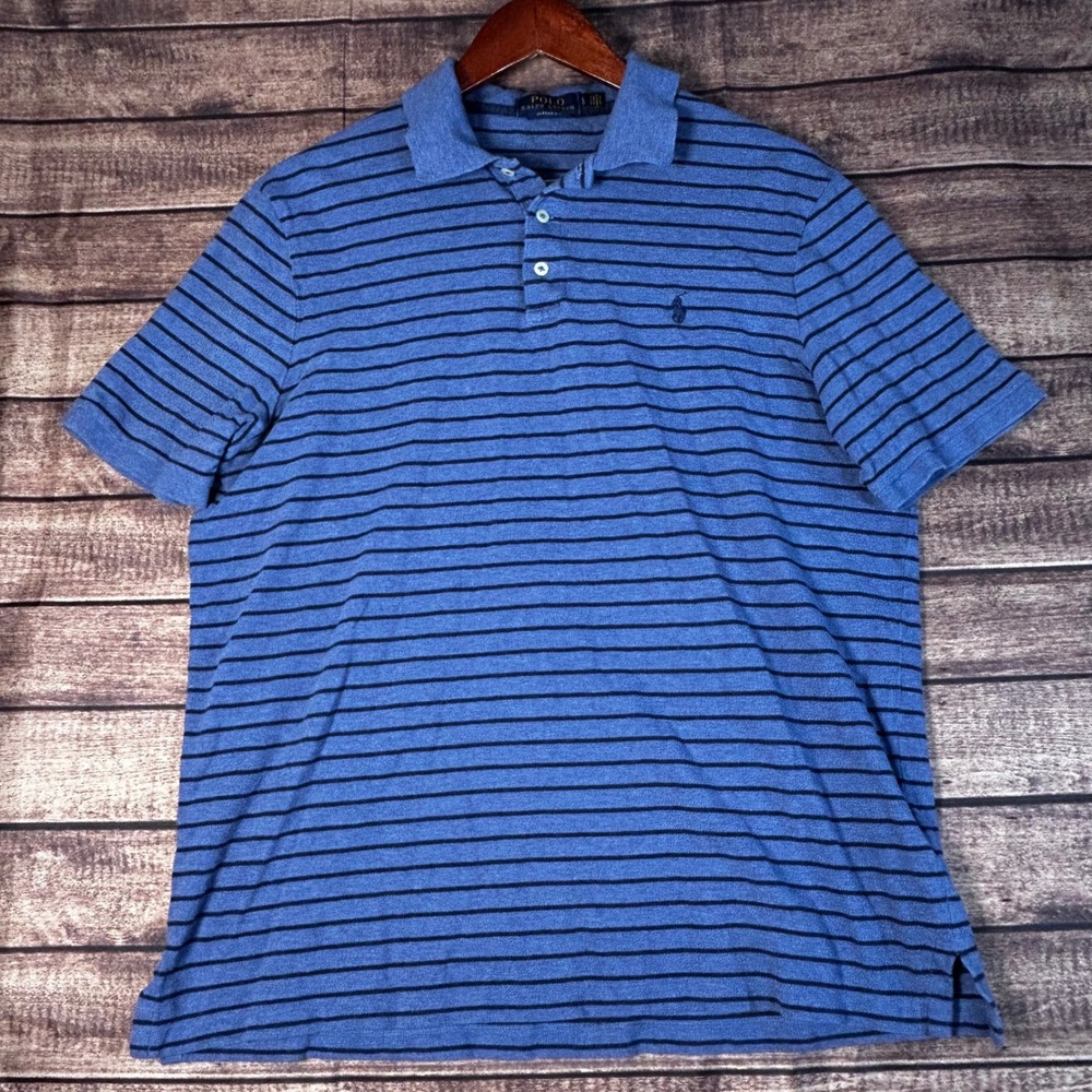 Polo Ralph Lauren Mens Large Blue Navy Striped Classic Fit Cotton Polo Shirt